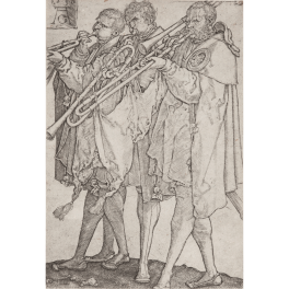 Three musicians playing trombones