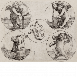 Escudo de armas de la ciudad de Leiden rodeado de cuatro putti dentro de círculos