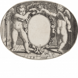 Two genii holding an escutcheon