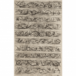 Ten friezes arranged horizontally with vine, masks, tendrils, dolphins, etc.