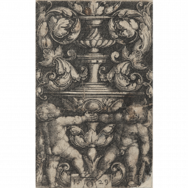   Ornamental design with two putti standing at the base of a vase