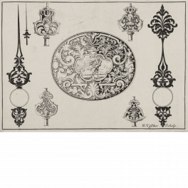 Ornamento ovalado con escena de Eneas y Anquises huyendo de Troya y varios diseños para manillas y llaves de reloj