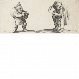 Dwarf  playing bagpipes and dwarf with plumed hat playing hurdy-gurdy