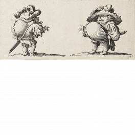 Hunchbacked dwarf with jacket buttoned in the back and dwarf with prominent stomach wearing a plumed hat