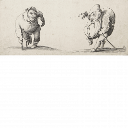 Dwarf, right leg supported by a wooden leg and hunchbacked dwarf leaning on cane