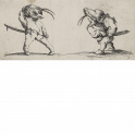 Dwarf with mask with his left hand resting on sword's handle and dwarf with hat 