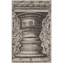 Design for the capital and base of a column against arabesque background