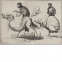 Diseño ornamental con dos monstruos montados por monos