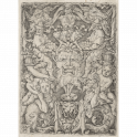 Grotesque ornament panel with a mask and two tritons and putti