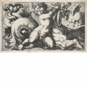 A putto holding on to a sea monster with goat head 