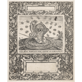 Emblem: Bees swarm around a plumed helmet and panoply