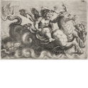 A putto holding on to a sea monster with deer head