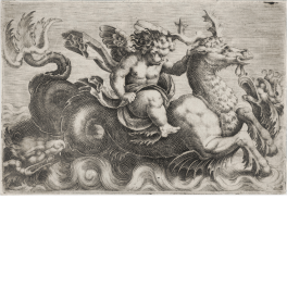 A putto holding on to a sea monster with deer head
