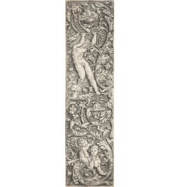 Vertical design with swirling acanthus leaves with a putti riding a sphinx and a nude male figure above